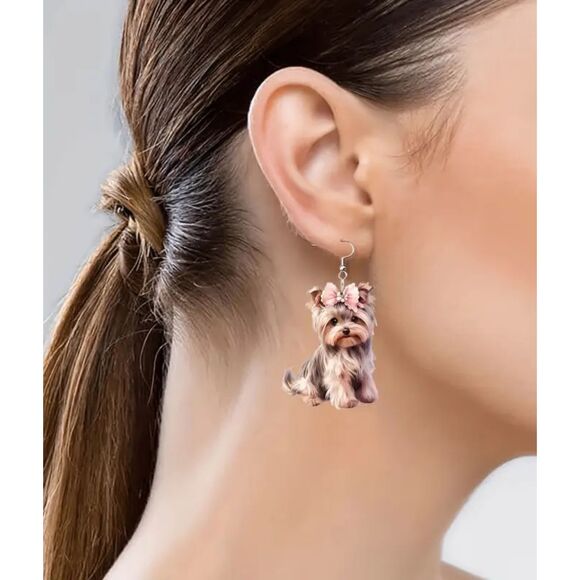 New Handcrafted Women's Cute Yorkshire Terrier Dog Dangle Earrings - Picture 5 of 5